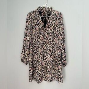 Boden Tie Neck Floral Dress 12R Gold Stripe Long Sleeve Knee Length Lined